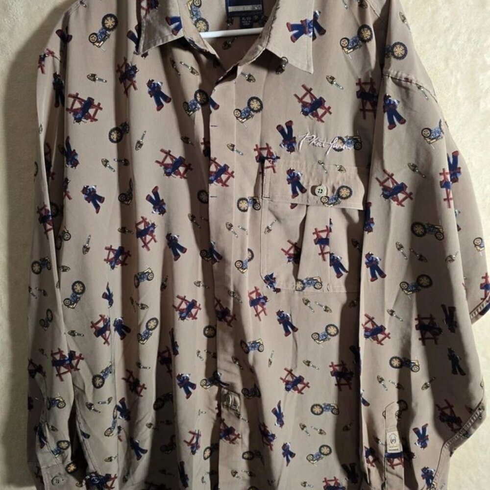 Phat Farm Mens XL Button Up Shirt Brown All Over Print Workwear Long Sleeve 392